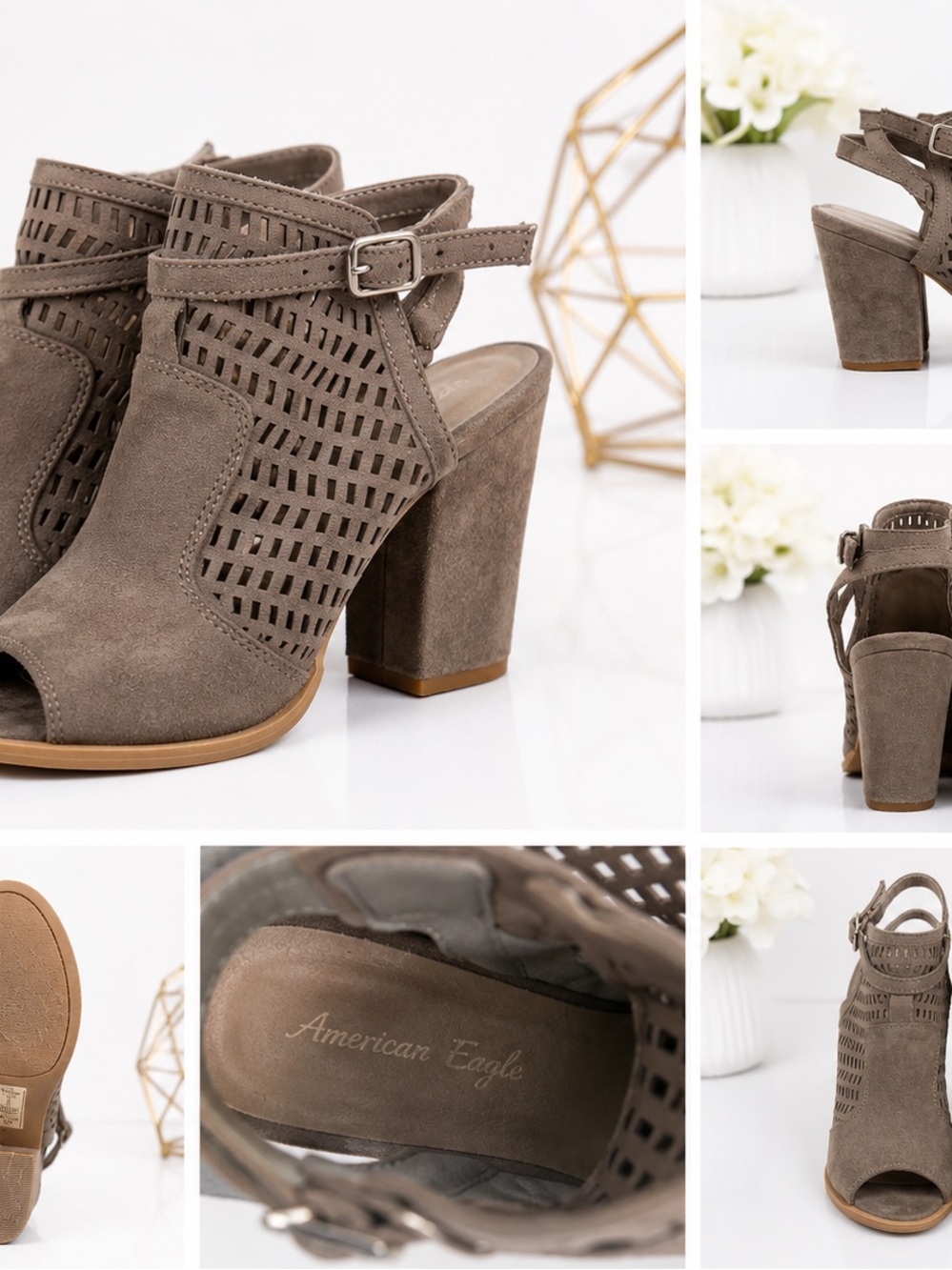 American Eagle Outfitters Taupe Suede Peep-Toe Block Heel Sandals